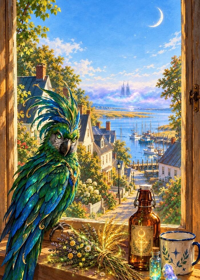 Fog, Fangs and Feathers book cover — a jeweled green parrot on a windowsill overlooking a foggy coastal town